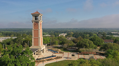 Aerial view of campus displaying Bell Tower.